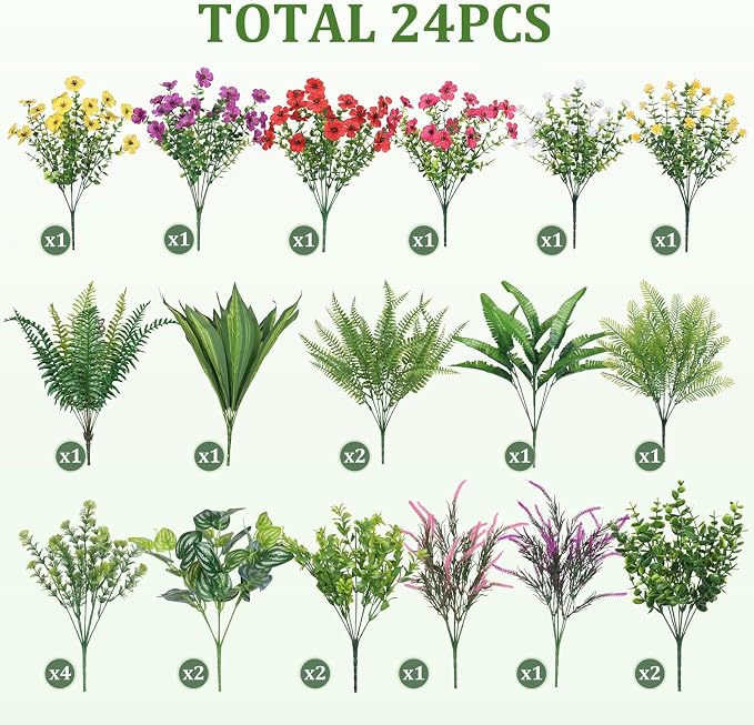 Alupssuc 24 Pcs Artificial Plants Flowers for Outdoors UV Resistant Decor | No Fade Plastic Spring Fake Plants Greenery, For Patio Porch Garden Pathway Home Spring Decor, 4 Colors