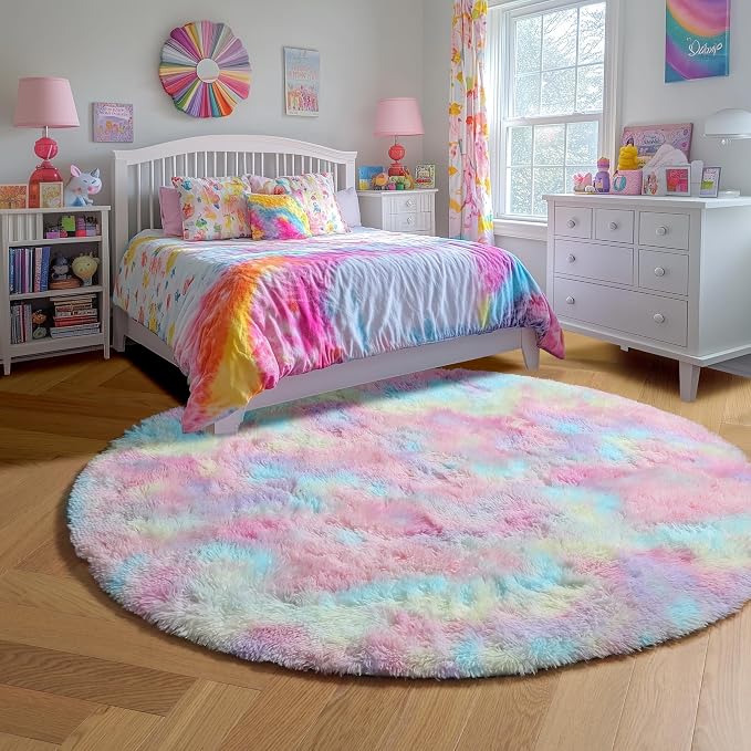 Amdrebio Rainbow Fluffy Round Rug 7Ft Kids Rugs for Girls Bedroom, Unicorn Room Decor, Colorful Pastel Big Large Carpet for Baby Nursery Playroom, Cute Shaggy Kawaii Circle Area Rug for Teen Princess