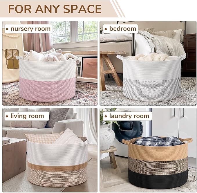 INDRESSME 115L Extra Large Woven Rope Blanket Basket Living Room | 23.6" x 15.7" Storage baskets for toys laundry & pillows. Fits living room, bedroom or nursery décor. Soft-touch with handles