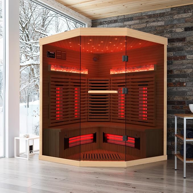 3-4 Person Infrared Home Sauna-Corner Sauna Spa Room w/Himalayan Salt Therapy & Starry Sky Spa,Canadian Hemlock, Tempered Glass (220V, ETL Certified)
