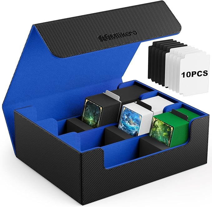 Mlikero Card Deck Case, 1800+ Trading Card Storage Box with 10 Dividers and 3 Foam Stoppers, Leather Magnetic Closure Commander Deck Box Fit for YuGiOh, MTG and Sport Cards(Black&Blue)