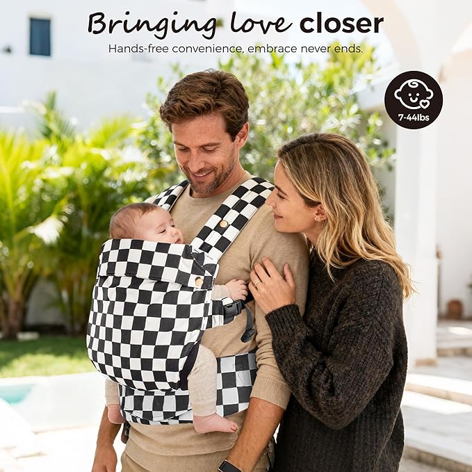 Baby Carrier Newborn to Toddler- Ergonomic,Cozy and Lightweight Infant Carrier for 7-40lbs,3 Carry Positions Newborn Carrier,Checkerboard