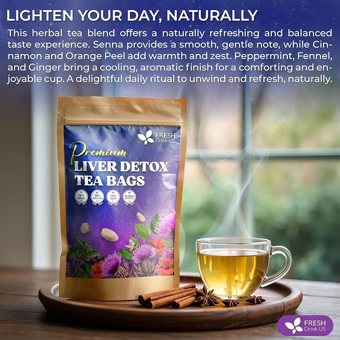 FreshDrinkUS, Premium Liver Herbal Detox Tea – Strong Blend Of Milk Thistle, Hibiscus, Peppermint & Ginger | Fennel, Lemongrass & Orange Peel with Stevia | Vibrant Caffeine-Free Botanical Blend