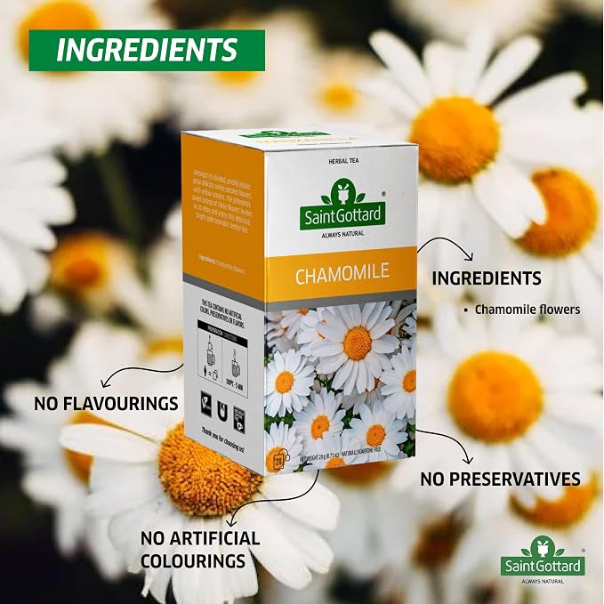 [Chamomile] Saint Gottard Herbal Tea – Caffeine-Free Herbal Infusion, Natural Ingredients, Hot or Iced Tea, Organic Premium Flavor Blend, Aromatic & Smooth Taste, 40 tea bags