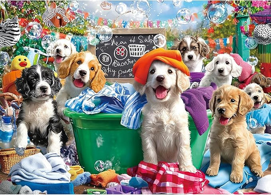 Puppy Party 1000 Piece Jigsaw Puzzle for Adults Dog Playful Scene Colorful Clothes Laundry Day Puzzles with Letters on Back Adult Games for Game Night Fun, 27x20 Inch