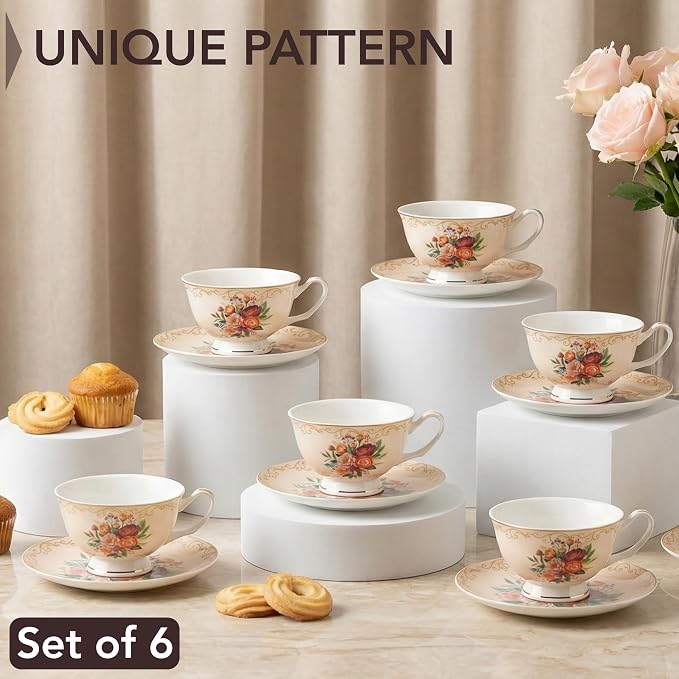 BTaT- Floral Tea Cups and Saucers, 8 oz, Fine Porcelain Teacup Set with Gold Trim for Afternoon Tea, Weddings, Parties & Gifting, Dishwasher Safe, Lightweight, Non-Toxic, Set of 6