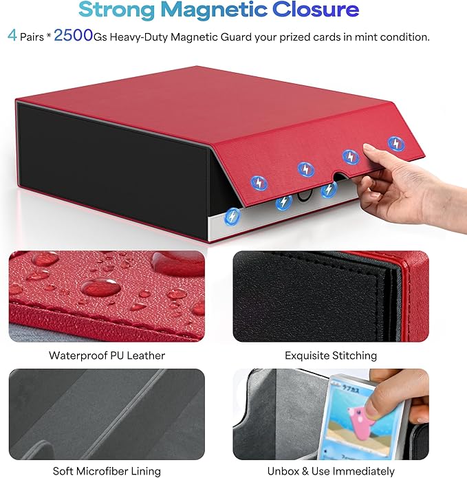 UAONO Trading Card Storage Box, Holds 2400 Sleeved Cards with 24 Dividers & 4 Stoppers, Magnetic Closure PU Leather Card Case for MTG, PTCG, YGO, Sports Cards (Red&White)