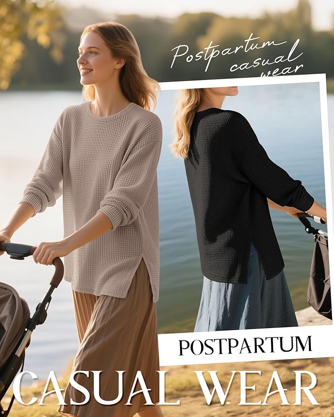 3 Pack Women's Maternity Shirts Long Sleeve Waffle Knit Side Split Oversized Tops Pregnancy Clothes Fall Tees
