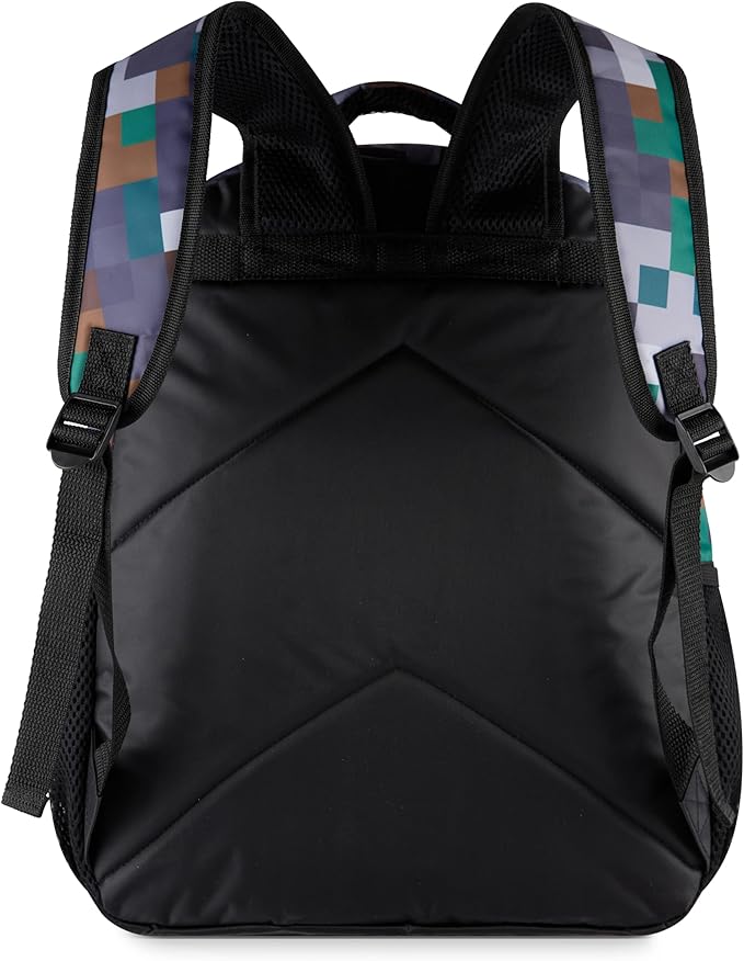 AI ACCESSORY INNOVATIONS Minecraft Backpack for Kids, Pixelated Block Print Design with Adjustable Straps, 16 Inch Rectangular Daypack, 3 Zippered Compartments, Water Repellent Polyester