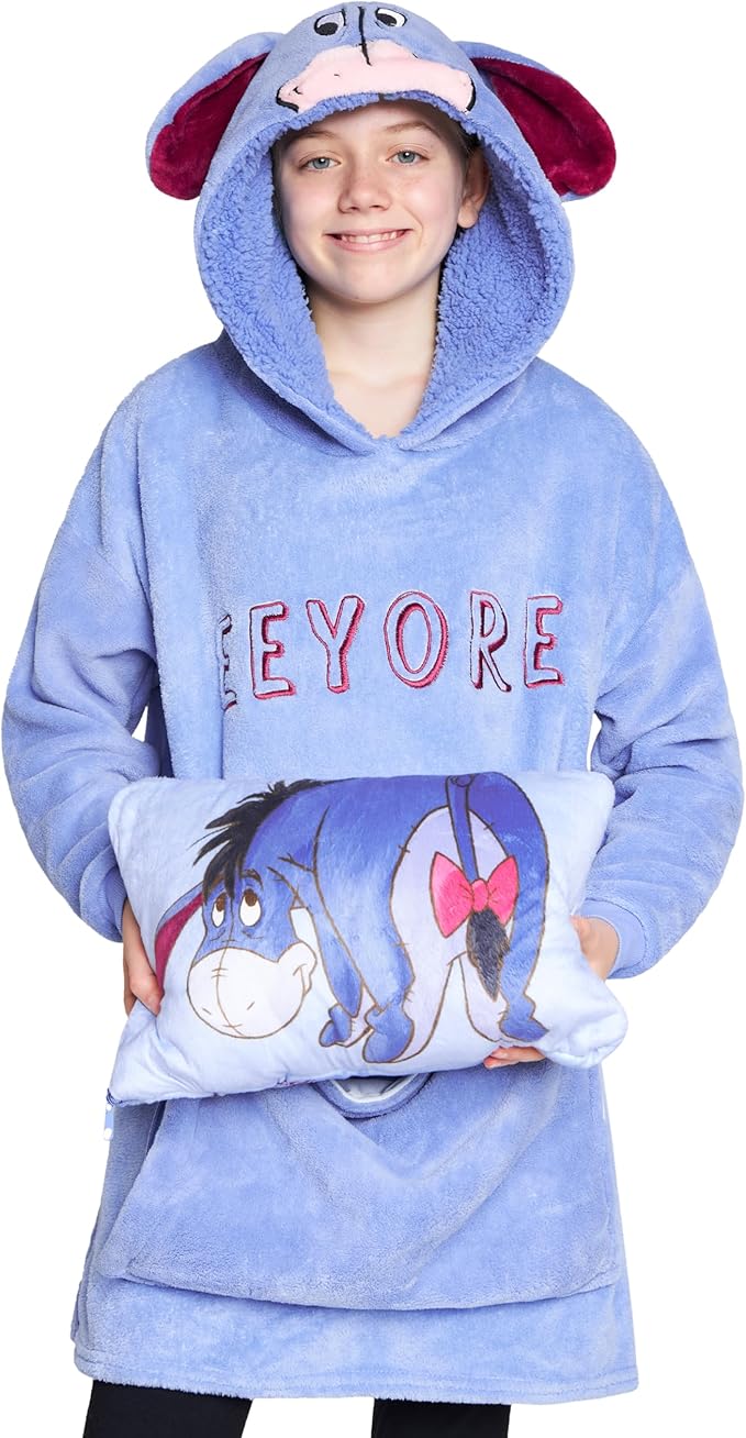 Disney Blanket Hoodie for Kids, 2-in-1 Folds into Travel Cushion, Stitch Baby Yoda Maleficent Eeyore, Gifts for Girls Boys