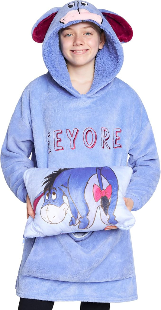 Disney Blanket Hoodie for Kids, 2-in-1 Folds into Travel Cushion, Stitch Baby Yoda Maleficent Eeyore, Gifts for Girls Boys