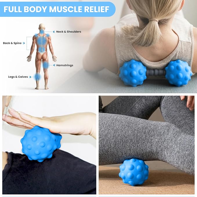 Adjustable Peanut Massage Ball, Dual Textured Massage Roller with Customizable 5-8 Inch Width for Back, Neck, Legs, Calves and Hamstrings, Lightweight TPE Self-Massage Tool, Blue