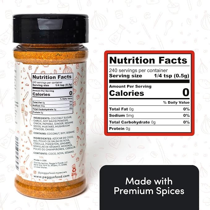 My Secrets Peggy’s Food Asian BBQ Seasoning Blend - Low Sodium Umami Spice Rub for Grilling, Roasting & Stir Fry, All Purpose Meat & Vegetable Seasoning, 4.25 Oz