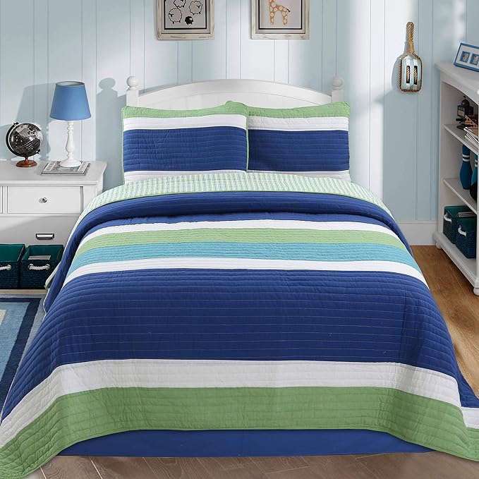 Cozy Line Home Fashions Waylon Navy Blue Green White Striped 100% Cotton Reversible Bedding Quilt Set, Coverlet Bedspread (Blue/Green, Queen - 3 Piece)