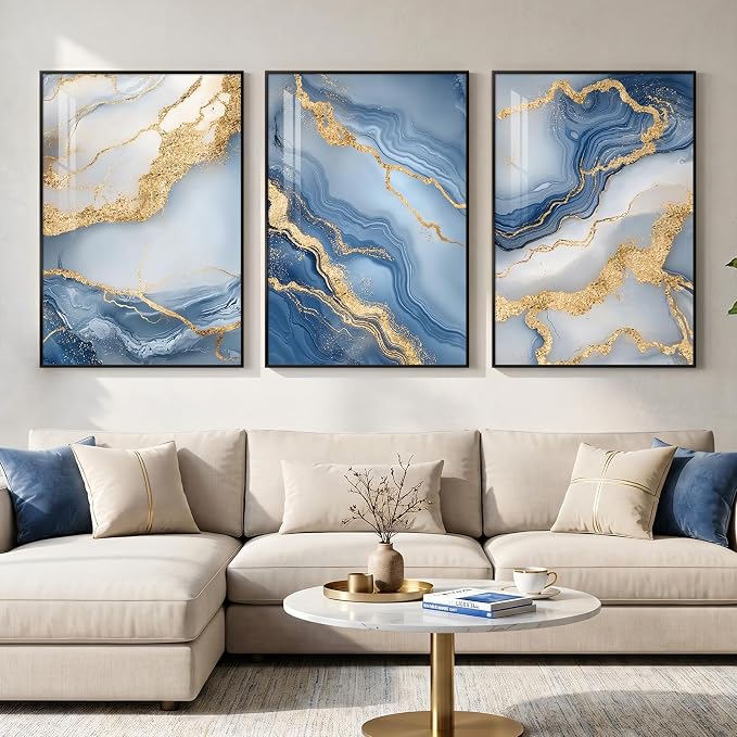 Large Framed Abstract Wall Art for Living Room, Modern Luxury 3 Piece Blue Gold White Prints Paintings for Walls, Elegant Marble Pattern Pictures for Dining Bedroom Hallway Office Home Decor 24x36 In