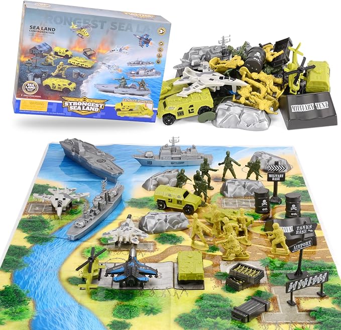 Army Men Playset, Army Men Action Figures, Kids Army Toys for 4-7, 6-8, 8-12, Toy Armored Vehicle, Battle Mat, Warships,Tanks,Aircraft Military Toys Set for Boys Birthday for Ages 3+