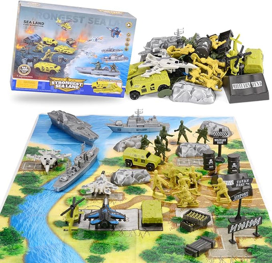 Army Men Playset, Army Men Action Figures, Kids Army Toys for 4-7, 6-8, 8-12, Toy Armored Vehicle, Battle Mat, Warships,Tanks,Aircraft Military Toys Set for Boys Birthday for Ages 3+