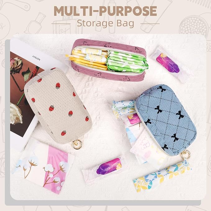 Corduroy Tampon Holder for Purse, Cute Period Bag with Ring Buckle, Portable Tampon Bag Organizer Case for Feminine Products (Cats-Pink)