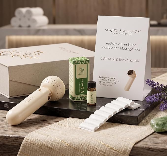 Upgraded Design Moxibustion Gua Sha Kit with Natural Bian Stone, Moxa Herbal Skincare | Stone Massage Kit for Relaxation & Self-Care