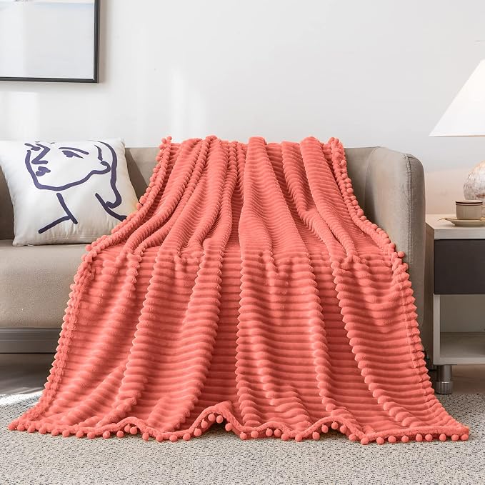 DISSA Fleece Blanket Twin Size – 60x80, Coral - Soft, Plush, Fluffy, Fuzzy, Warm, Cozy – Perfect Throw for Couch, Bed, Sofa - with Pompom Fringe - Flannel Blanket