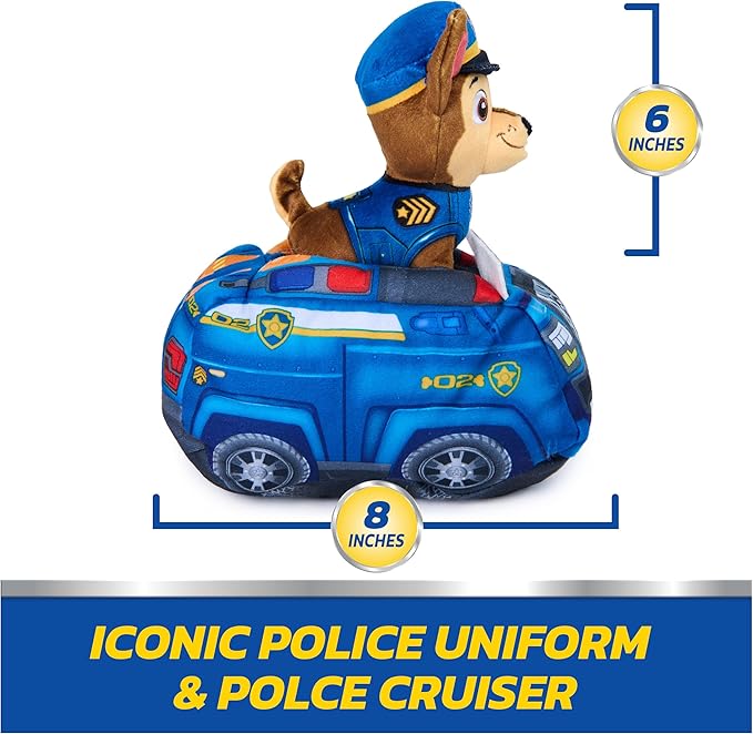 Paw Patrol Chase 2-in-1 Vehicle Plush, 6-Inch Stuffed Animal with 8-Inch Plush Toy Police Cruiser, Kids Toys for Boys and Girls Ages 3 and Up
