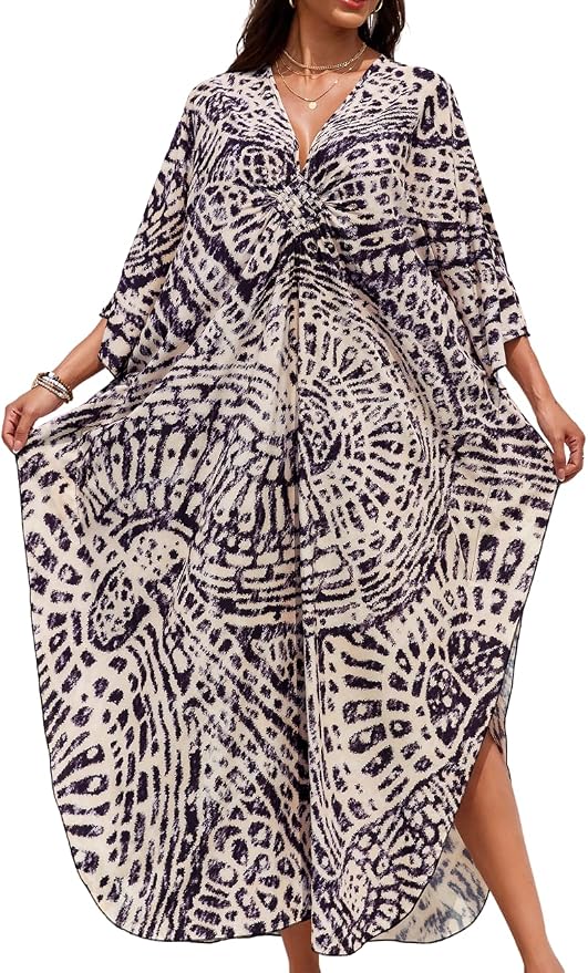 ChiaoLezhee Print Moo-Moos for Women, Kaftan Cover-Up Dresses, Sexy V-Neck High-Slit, Beach Pool-Party Coverups Muumuu Plus