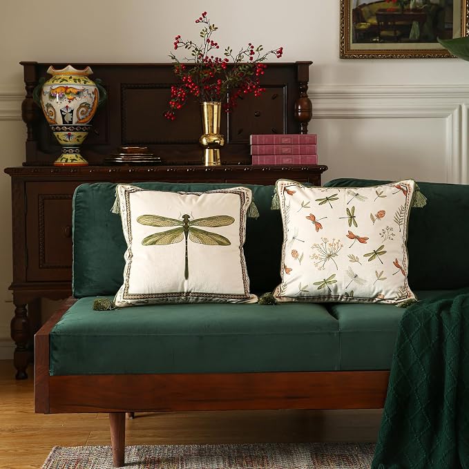 Designer Vintage Velvet Throw Pillow Cover,18"x18"-Grace B | Pillow Cover,Concealed Zipper Design,Dragonfly Pattern,Sofas,Bedroom,Living Room,Lounge Chairs,All Season Home Decor