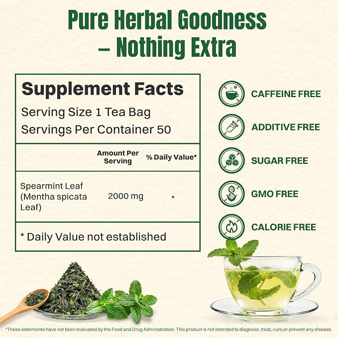Hiihone Spearmint Tea Bags 50 Count – Pure Spearmint Leaf Herbal Tea, Caffeine-Free, Refreshing Mint Flavor, Supports Digestion & Everyday Wellness, Non-GMO
