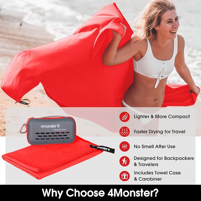 4Monster Quick Dry Travel Towel with Case & Carabiner – Super Absorbent Microfiber Gym & Camping Towel. Compact, Lightweight, Fast Drying for Beach, Swimming, Hiking, Backpacking