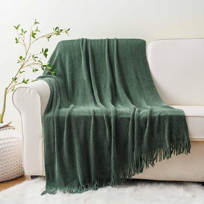 BATTILO HOME Dark Green Throw Blanket for Couch, 60"x80" | Soft Chenille Knit Throw Blanket with Tassels for Christmas Decor, Christmas Green Blanket for Bed Couch Cover