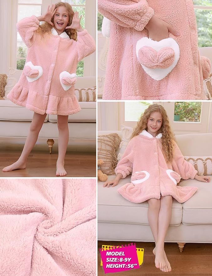 Girls Bathrobes Coral Fleece Button Down Hooded Robes Cute Rabbit Ears Bath Robe Fuzzy Warm Soft Sleepwear