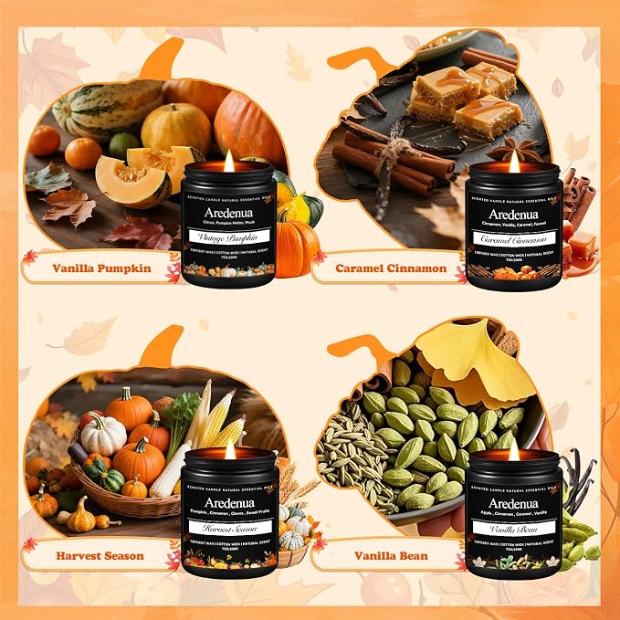 Fall Candles Set – 4pack Autumn Candle Scent of Cinnamon, Vanilla Bean, Harvest Season & Pumpkin - Seasonal Holiday Candles Gift, 28oz Soy Candle for Halloween Home Décor & Cozy Gifting