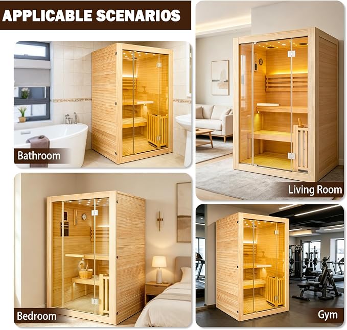 Steam Sauna, 2-4 Person Traditional Indoor Sauna with 3KW/240V Stove Heater | Chilean Pine Wood Sauna Room with Wooden Barrel and Spoon, Sauna Stone, Hygrometer, Cup Holder, LED Lighting, Speaker