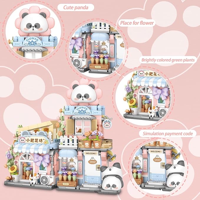 Cute Panda Mini Building Blocks Set, 810PCS MOC Mini Architecture Building Kits with Flower Shop Street View Design - STEM Educational Construction Gift for Girls Boys Kids Adults
