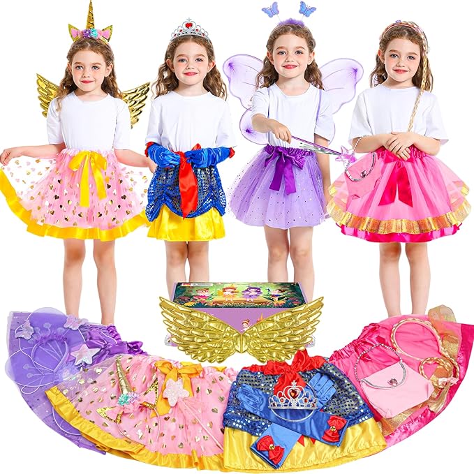 Little Girls Dress Up Clothes for Toddler, Princess Skirt Costume Set with Princess Gloves Crown Wings, Kids' Dress Up Pretend Play Toys Gift for 3 4 5 6 Girls