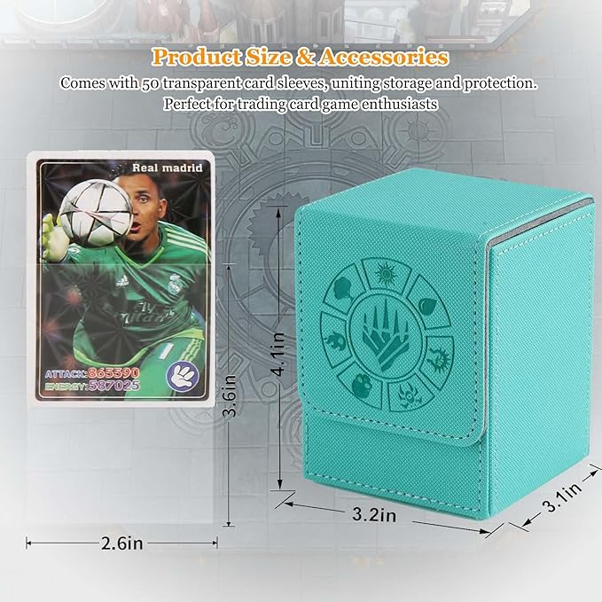 Arkeiliy Card Deck Box, 110+ Storage MTG Deck Box with 50 Pcs Card Sleeve, Collectible Trading Card Cases for Magic Commander and More (Turquoise)