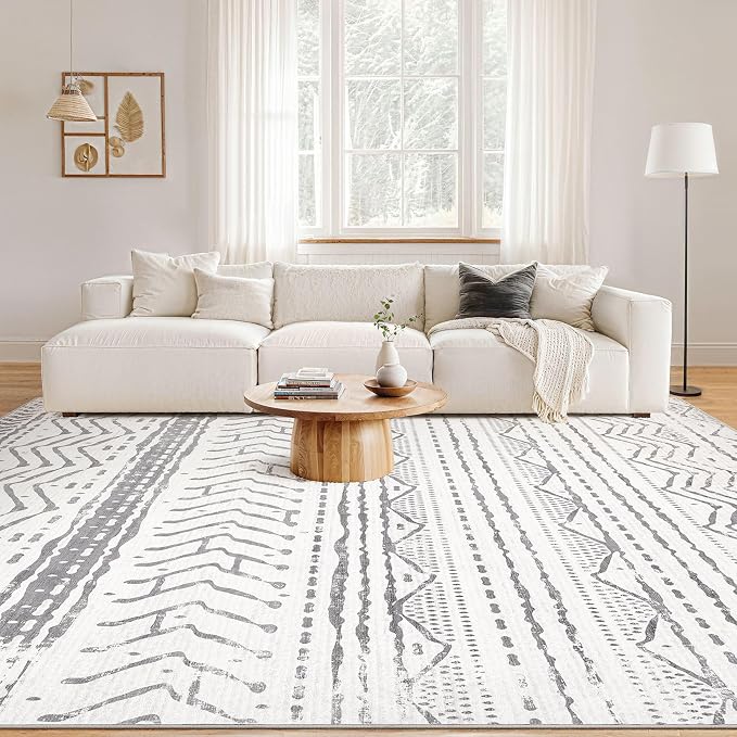 Nakagishi Boho 5x7 Area Rug Living Room Rugs Machine Washable Grey White | Soft, Pet & Kid Friendly, Carpet for Living Room/Bedroom/Office/Kitchen/Nursery, Daily Home Decor Stain Resistant Moroccan