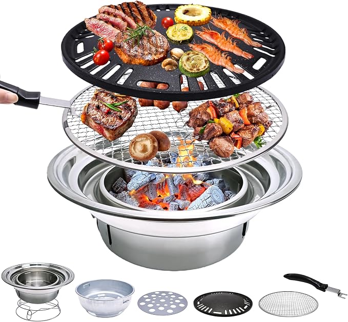 Korean Charcoal Grill 13.8 Inches Stainless Steel Tabletop BBQ Grill Stove Outdoor Camping Cooker, Tabletop Smoker Grill BBQ Grill for Patio Garden Backyard