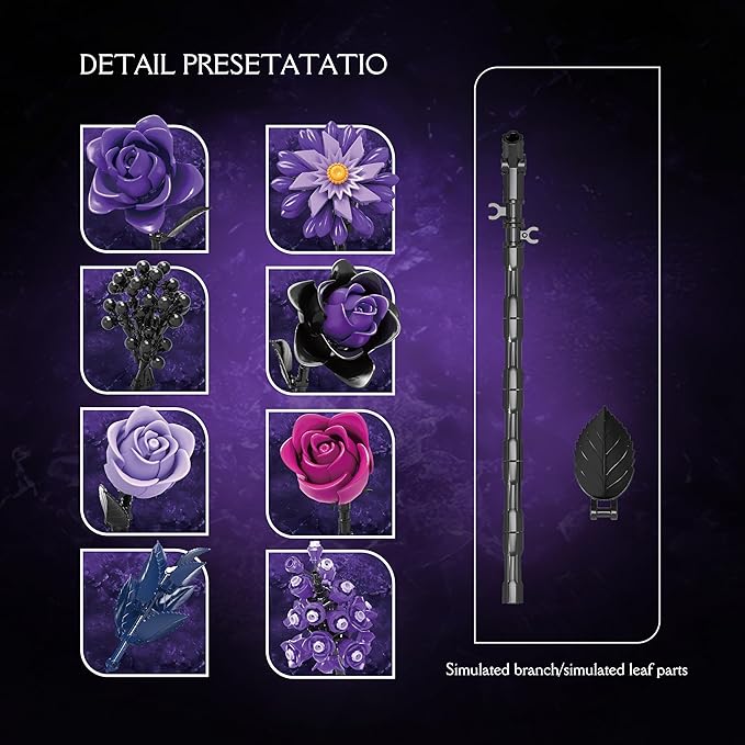 Purple Rose Bouquet Building Set, Compatible with Lego Flowers for Adults - Gift for Halloween, Gothic Retro Artificial Flowers Botanical Collection Home Decor