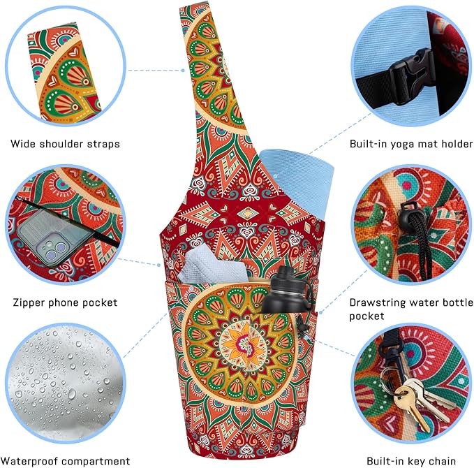 Mandala Yoga Mat Bag with Large Waterproof Zipper Pocket and Drawstring Pocket Long Tote Yoga Mat Carrier Holder Bags Fit Most Size Mats