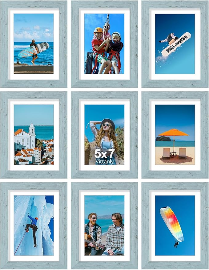 Vittanly 5x7 Picture Frames Set of 9, Wall & Tabletop, Rustic Blue | Display Pictures 4x6 with Mat or 5x7 without Mat, Small Photo Frames, Engineered Wood with Shatter Resistant Plexiglass