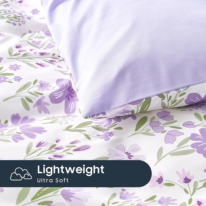 Wake In Cloud - Floral Bedding Set for Girls, Cute Colorful Botanical Flowers Patterned Soft Lightweight Comforter Set with Sheets, 7 Pieces Kids Bed in a Bag, Purple White, Full Size