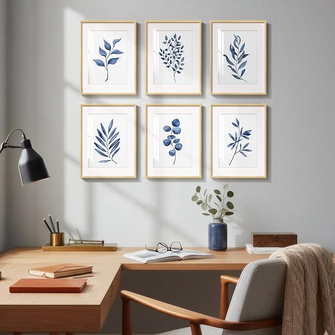 Framed Minimalist Blue Botanical Wall Art for Living Room, 6 Piece 11x14 In | Watercolor plant pictures, Plexiglass with mat prints, Leaf wall decor, Contemporary home decor, Bedroom office artwork
