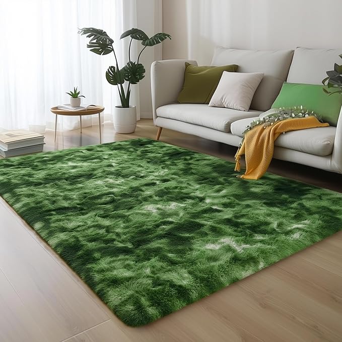 PAGISOFE Fluffy Moss Green Rugs for Living Room 5x8, Modern Bedside Carpets, Plush Forest Rug High Pile Emerald Green Rugs for Kids Boys Girls Teen Dorm Nursery Room Decor Aesthetic, No-Shedding