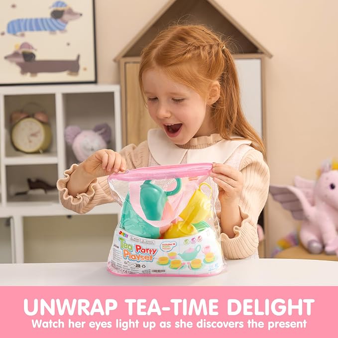 JOYIN 18PCS Pretend Tea Party Set Play Food Accessories BPA Free, Phthalates Free, Plastic Tea Set, Mini Kitchen for Kids, Gifts for Toddler Boys Girls, Easter Birthday Gifts