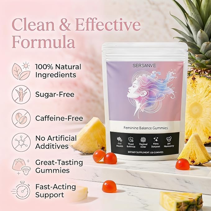Feminine Balance Gummies for Women | Premium Feminine Balance Gummies, Hawaiian Pineapple for pH Balance, Healthy Odor & Immune Support | Daily Feminine Gummies for Vaginal & Gut Health, 60 Count