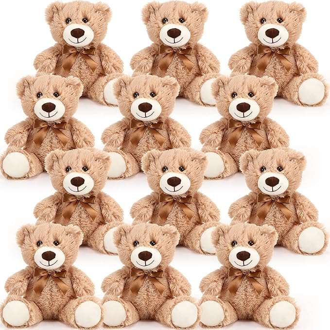 HyDren 12 Pieces Valentines Bears Stuffed Animals Soft Plush Toy Bears for Birthday Party Easter Wedding Baby Shower Christian Charity Donation Supplies(Light Brown)