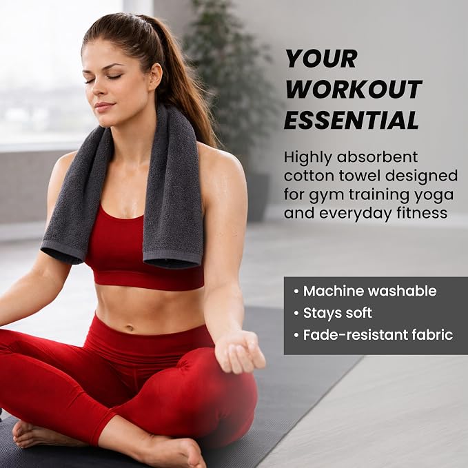 Sports Towel - Double Pack (2 Pieces), 12"x51", Dark Gray, 100% Cotton - Oeko-Tex Certified, Very Absorbent and Quick-Drying, for Fitness, Gym and Yoga