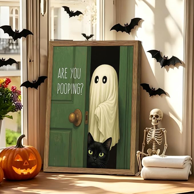 Funny Halloween Bathroom Wall Art, Vintage Cute Ghost Cat Canvas Wall Decor Paintings, Funny Are You Pooping Artwork Poster Print Picture for Bathroom Restroom 16x24 Inch Framed