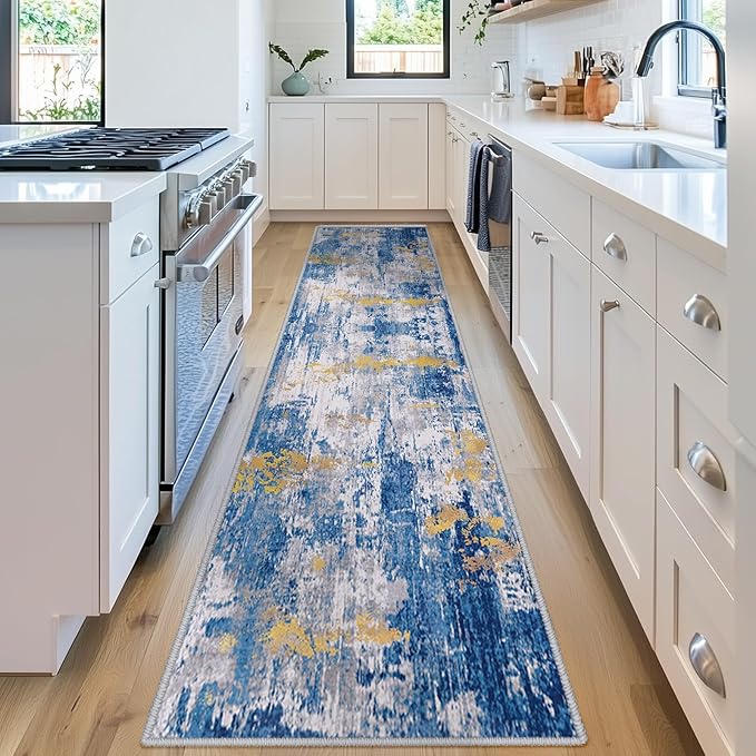 RELEANY Washable Area Rugs 2'x8' Non-Slip Modern Abstract Soft for Living Room Entryway Bedroom Kitchen, Print Pattern, Grey Blue Gold/Golden